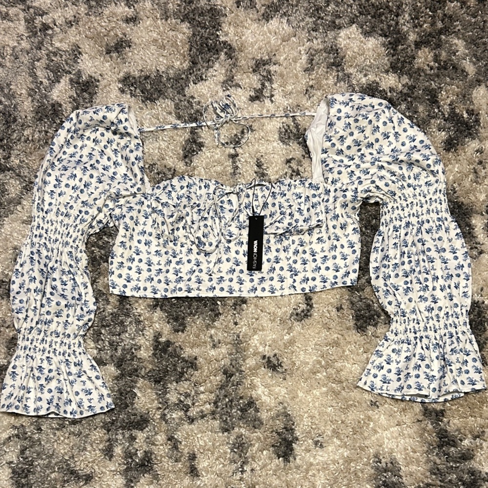 Fashion Nova Blue and White Floral Blouse